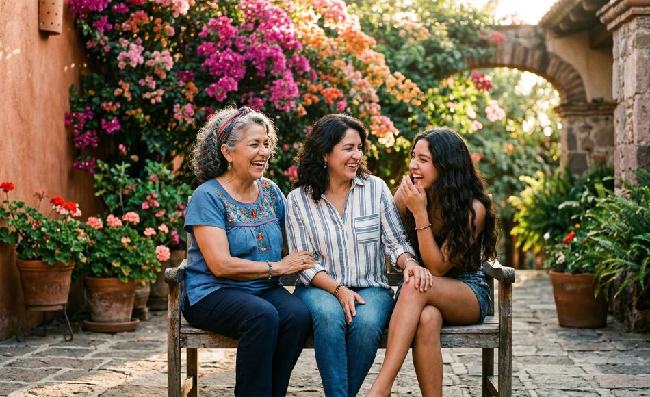 A grandmother, mother, and daughter sharing a moment of connection in a traditional courtyard.