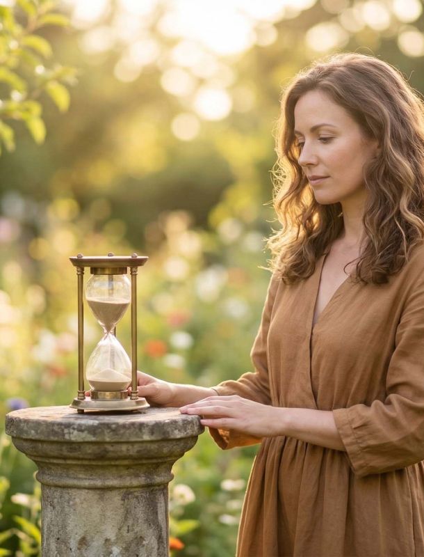 A modern woman reflecting on the natural seasons of life and fertility.