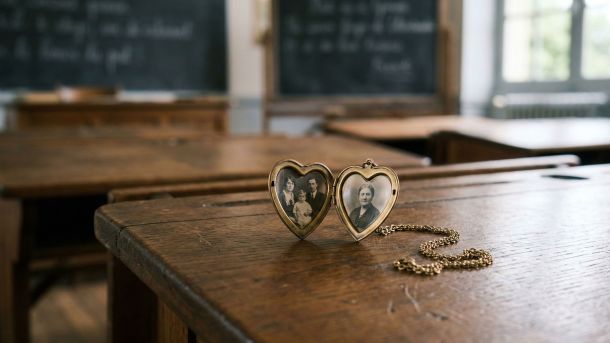 Un pupitre scolaire en bois classique avec une petite fleur et un médaillon ancien, symbole d’un environnement éducatif calme et neutre.