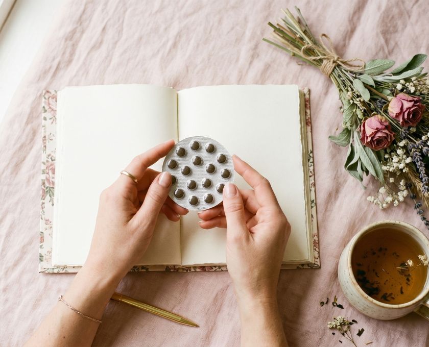 Woman's hands holding birth control pill pack beside a journal and herbal tea on a pastel background