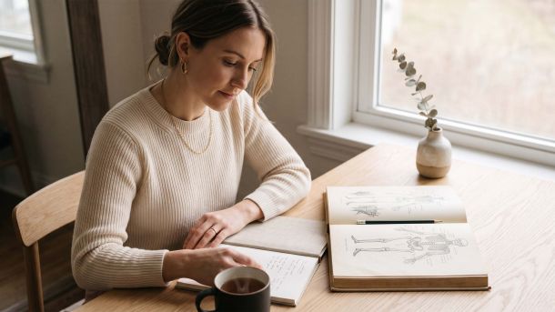 Woman in a cream knit studying an illustrated anatomy atlas at a sunlit desk while learning about female genital anatomy