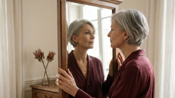 Une femme mûre élégante réfléchissant à son parcours et à ses changements physiques.