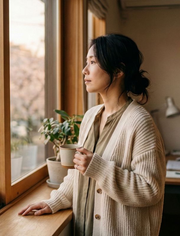 暖かい家庭の室内で窓の外を見つめる思慮深い女性。