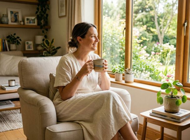 A peaceful woman enjoying a quiet moment in a bright, clean home.