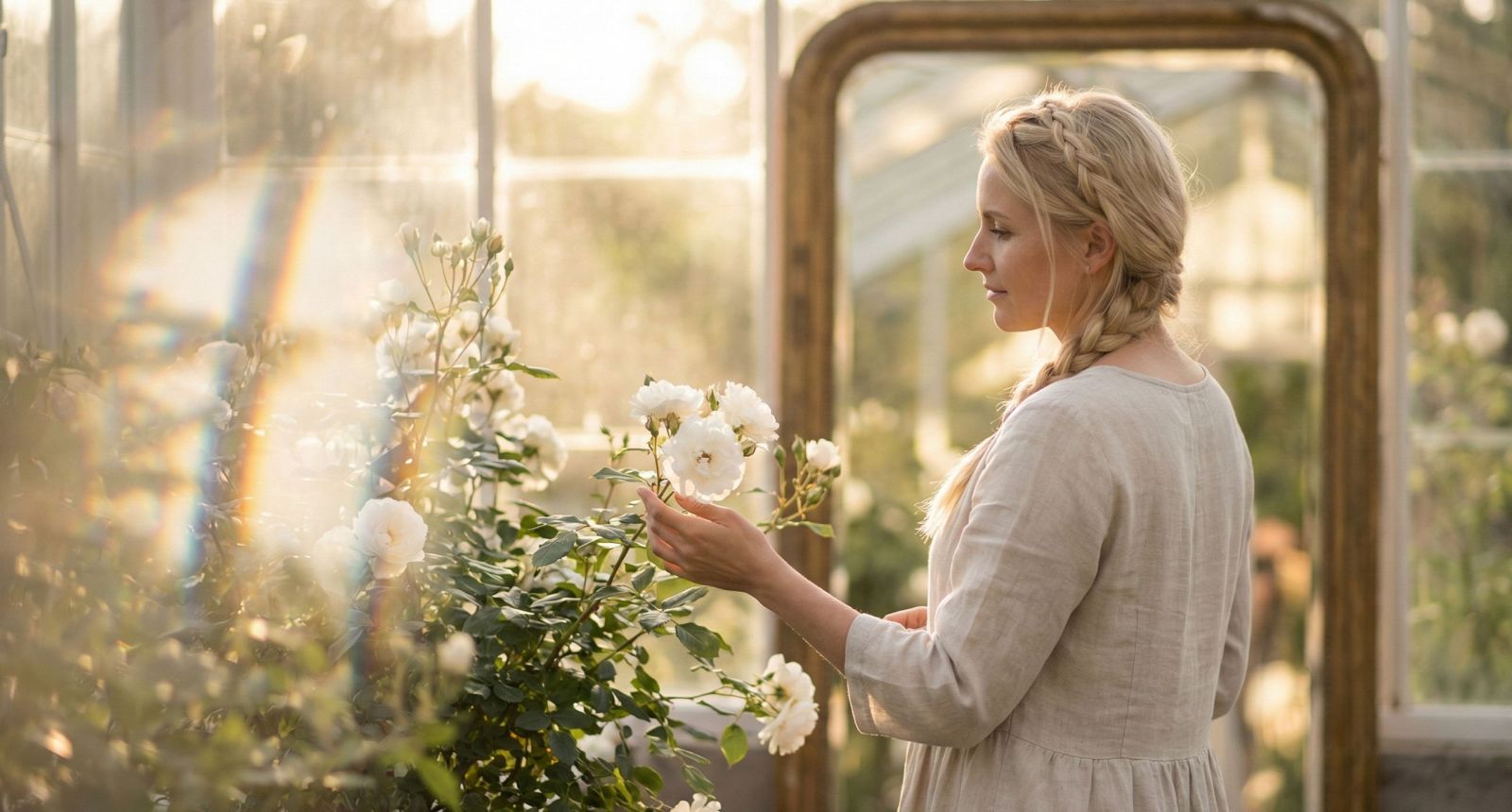 Eine Frau im sanften Licht, die über ihren Weg zu Körpervertrauen und Selbstliebe nachdenkt.