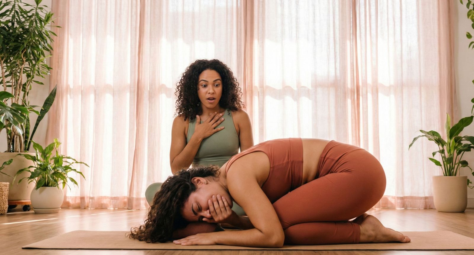 Uma mulher em um ambiente tranquilo de yoga praticando, mas envergonhada por um peido vaginal.