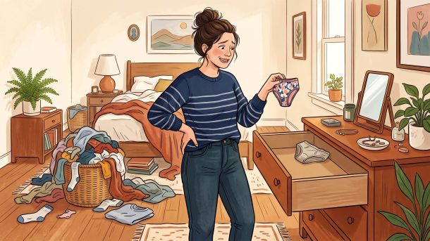 Woman deciding what to do after running out of clean underwear