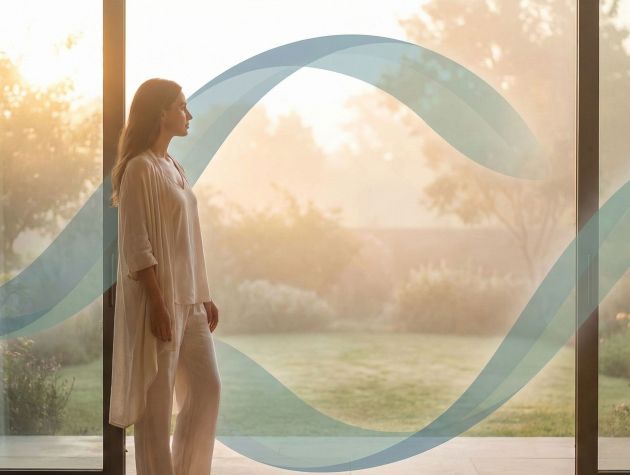 Una mujer reflexionando en luz suave, simbolizando el equilibrio hormonal y la energ&iacute;a.