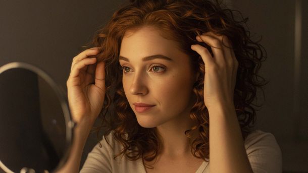 Joven mirando su reflejo en un espejo, reflexionando sobre los estándares de belleza