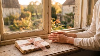 Woman's hands resting beside handwritten love letters in soft window light, representing the history of romantic anticipation