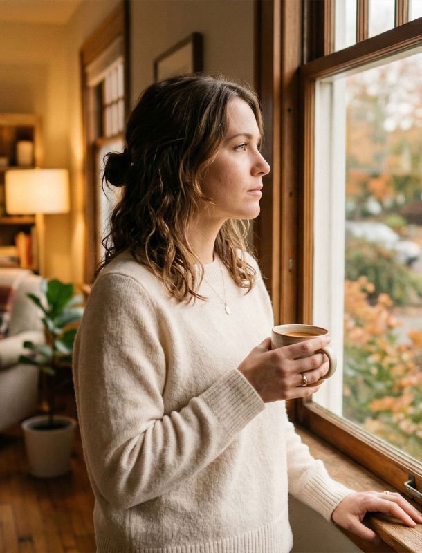 A thoughtful woman looking out a window in a warm home setting.