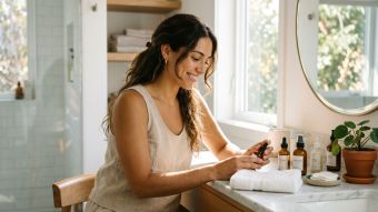 Mujer relajándose en un baño limpio y luminoso rodeada de productos suaves para el cuidado de la piel