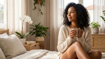 Uma mulher tranquila em um ambiente suavemente iluminado, representando receptividade feminina e harmonia biológica.