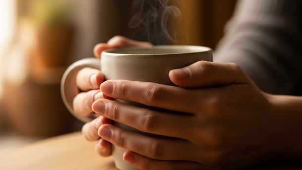 Les mains d'une personne enroul&eacute;es autour d'une tasse chaude, illustrant une technique d'autosoins simple pour la r&eacute;gulation du syst&egrave;me nerveux par la chaleur et le toucher.