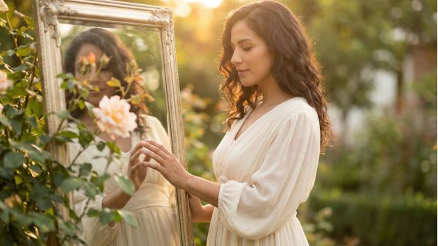 Una mujer en luz suave reflexionando sobre su camino hacia la confianza corporal y el amor propio.