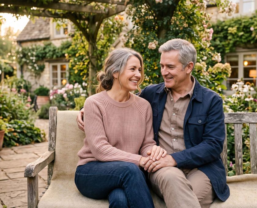 Mature couple sitting closely together outdoors, hands clasped