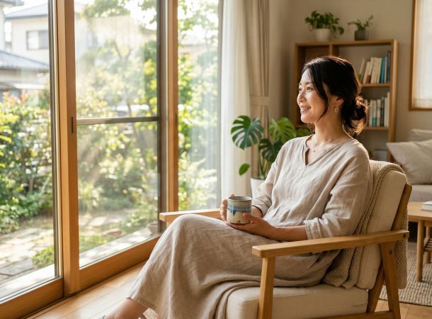 明るく清潔な家で静かな時間を楽しむ穏やかな女性。