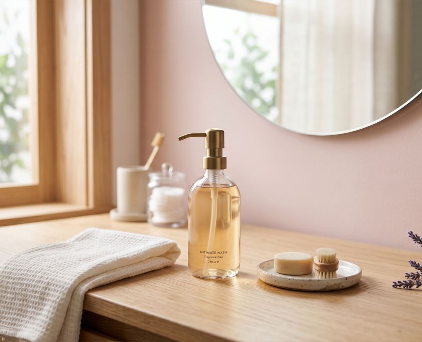 Minimalist personal care products and a soft cotton towel on a bright, clean bathroom counter.