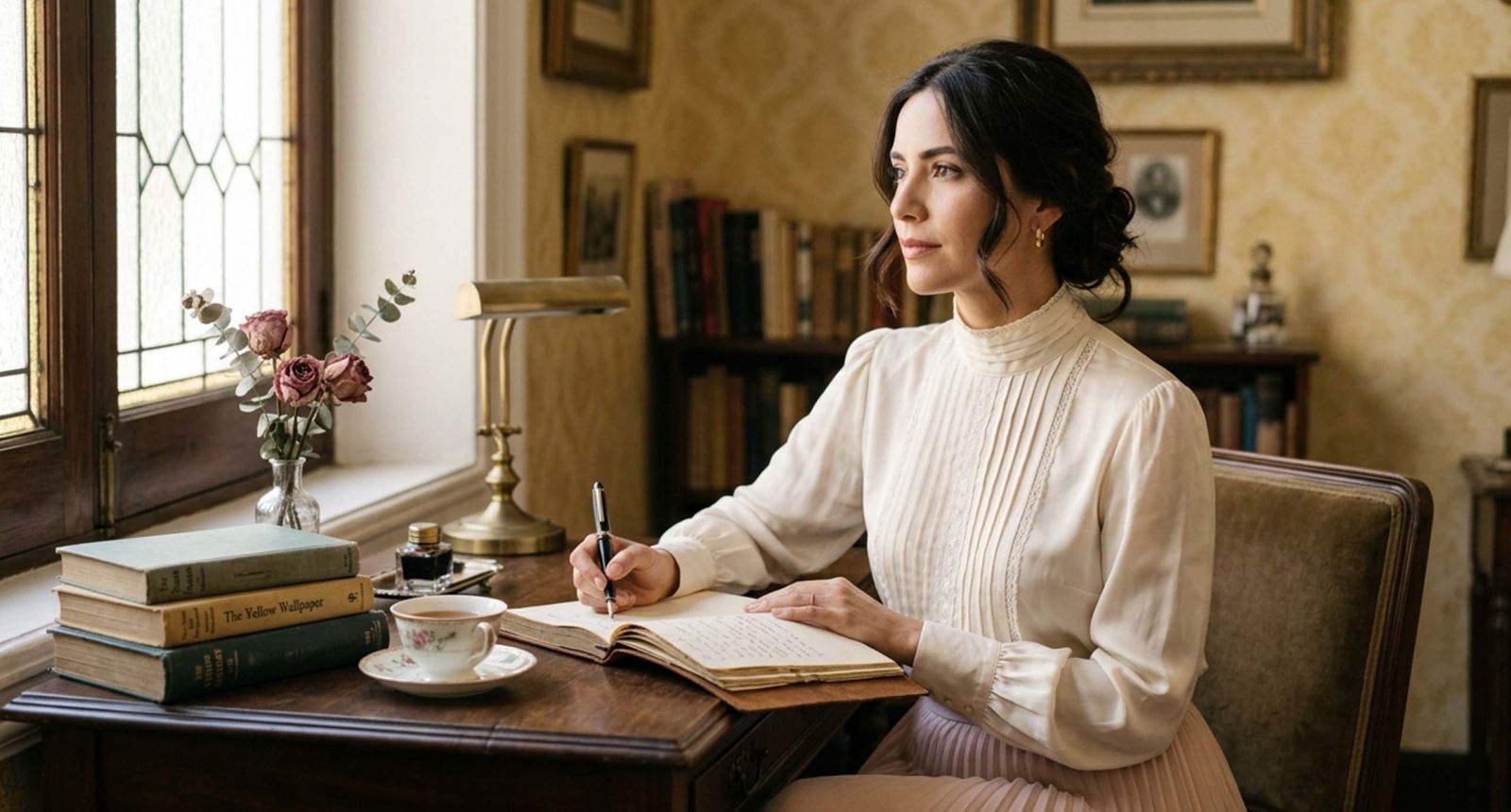 Mujer escribiendo en un escritorio antiguo frente a un papel pintado amarillo descolorido, evocando la historia de la cura de reposo victoriana y El papel pintado amarillo.