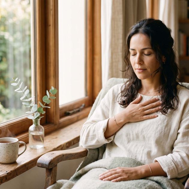 Mujer junto a una ventana respirando lentamente para calmar un sistema nervioso hiperactivo
