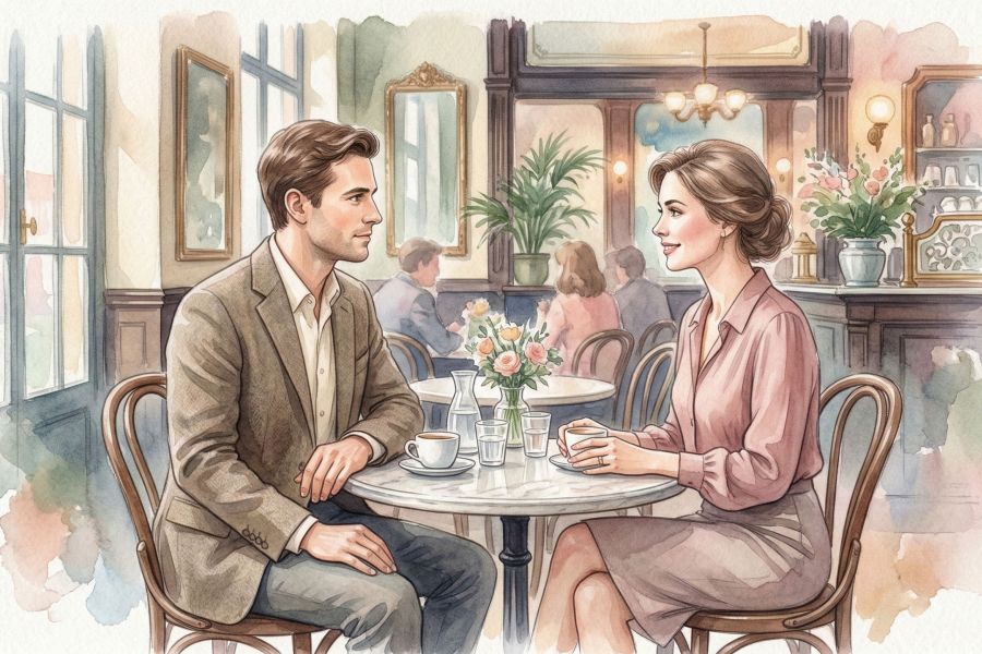 Un homme et une femme lors d’une première rencontre respectueuse, montrant des signaux non verbaux positifs.