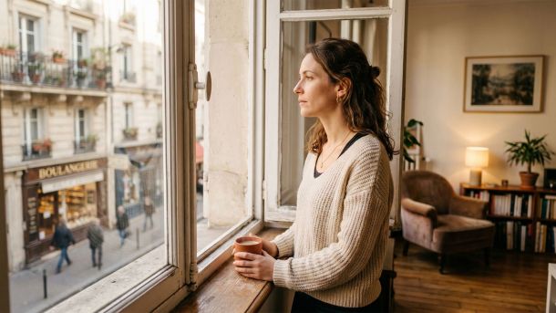 Une femme réfléchie regardant par la fenêtre dans un intérieur chaleureux.