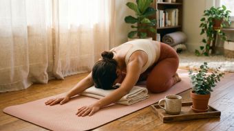 Woman practicing Baddha Konasana yoga pose for pelvic and reproductive health on a blush mat in natural light