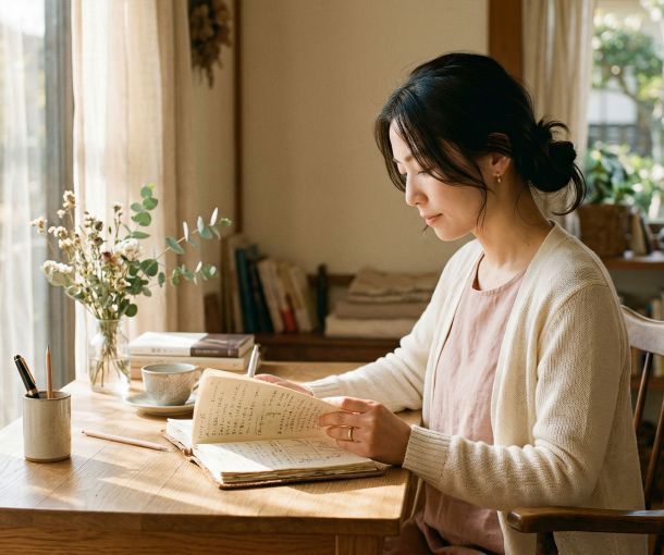 暖かい光の中で机に座り読書と内省をする女性