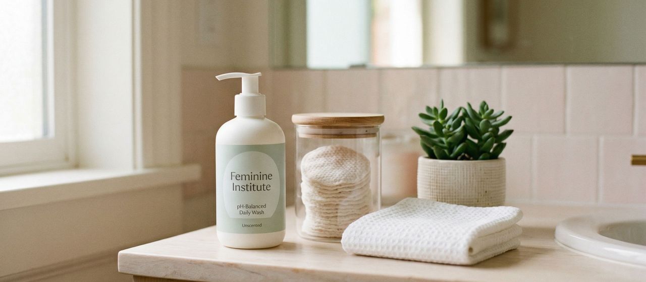 Sanfte feminine Badezimmer-Szene mit natürlichen Pflegeprodukten, die eine achtsame Frauen-Hygieneroutine darstellt