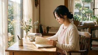 暖かい光の中で机に座り読書と内省をする女性