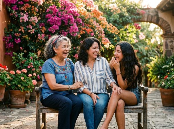 Une grand-mère, une mère et une fille partageant un moment de connexion dans une cour traditionnelle.