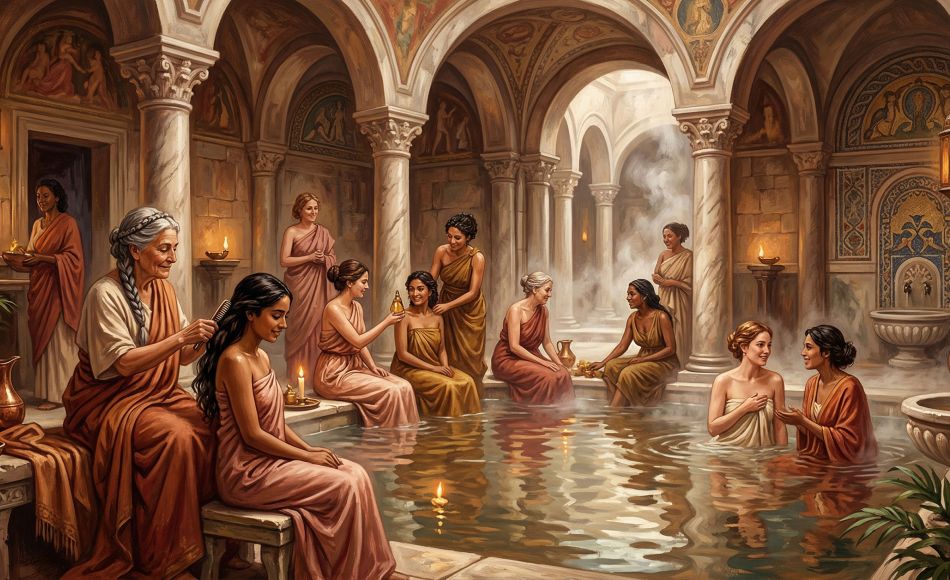 Women gathered in an ancient stone bathhouse during a ceremonial ritual, depicted in warm candlelit tones as a cultural history illustration