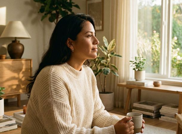 Una mujer practicando respiración consciente en una habitación luminosa y tranquila para reducir el estrés.
