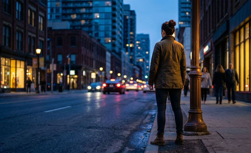 Woman standing confidently on a city street at dusk, viewed from behind, representing personal safety awareness and resilience