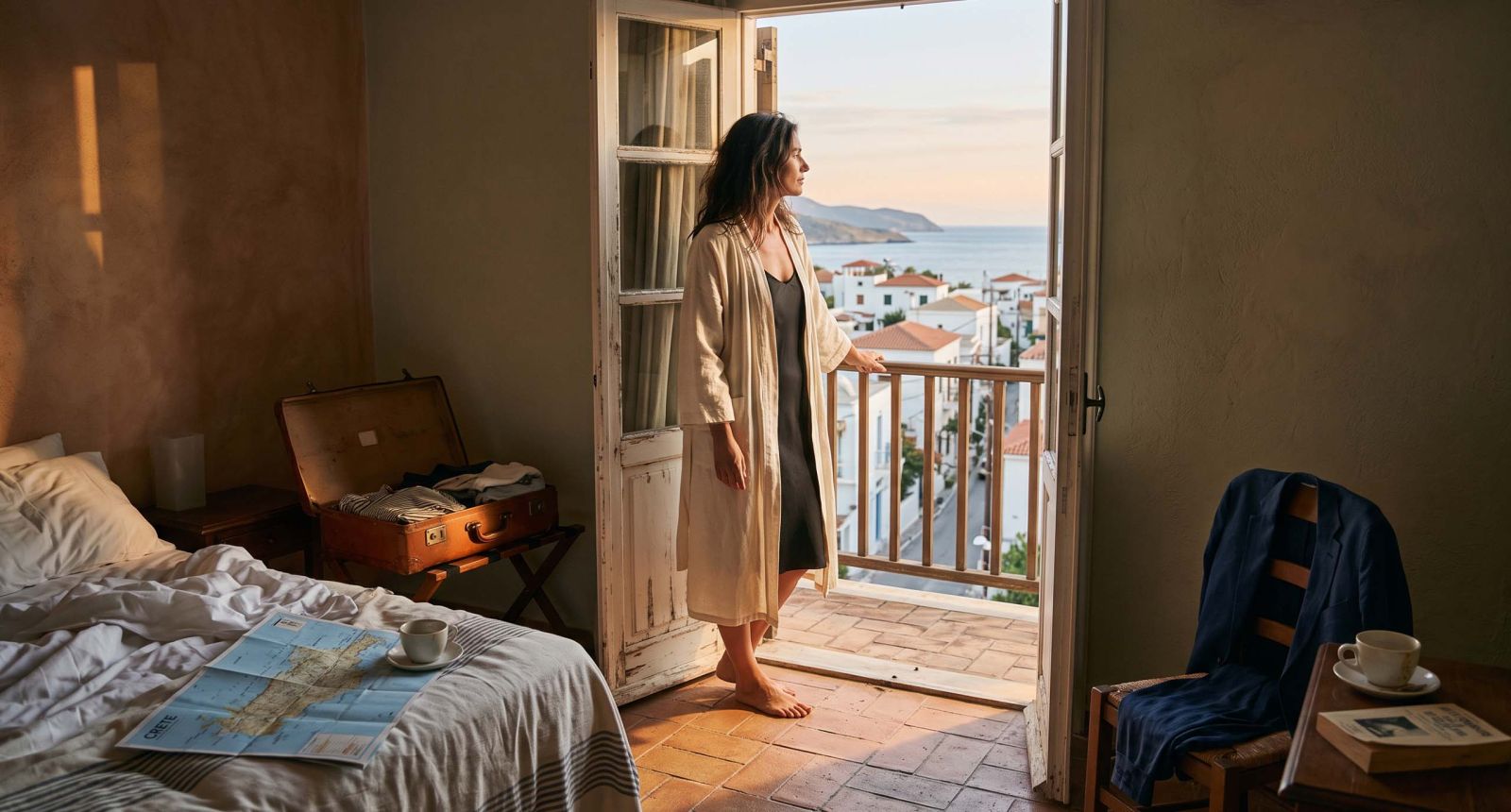 Woman in a linen robe at a hotel balcony doorway in morning light, reflecting on why travel doesn't restore closeness in a marriage
