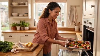 Mujer en una cocina iluminada por el sol sacando una bandeja de verduras asadas del horno mientras aprende a cocinar en casa.