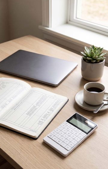 Home desk with ledger notebook, calculator and coffee representing women's work and household finances