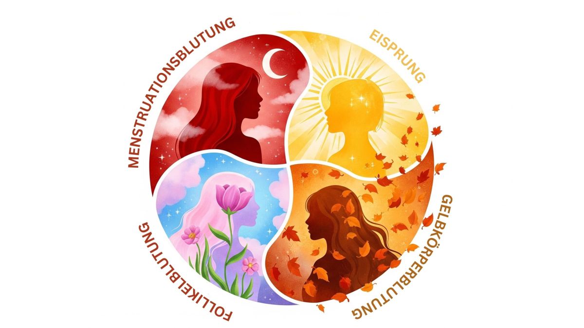 Illustration der vier Phasen des weiblichen Menstruationszyklus als kreisförmiger Tanz der Hormone und Energien.