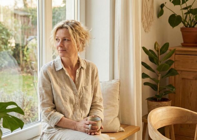 Eine Frau praktiziert achtsames Atmen in einem hellen, friedlichen Raum zur Stressreduktion.