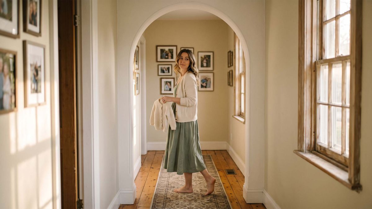 Woman pausing mid-step in a sunlit hallway archway, holding a child's sweater and glancing back, illustrating why we forget what we came for