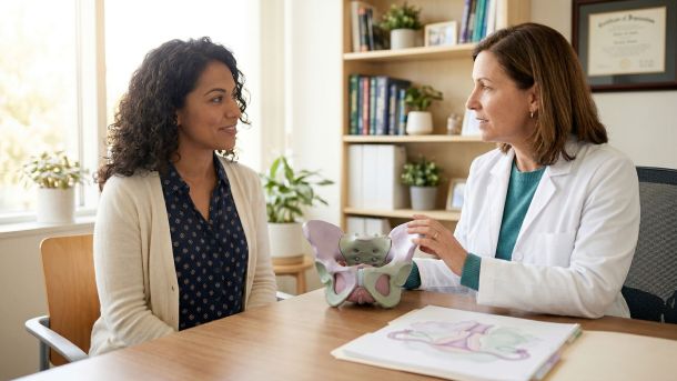 Diagrama anatómico ilustrado del clítoris con etiquetas de medición clínica, renderizado en tonos pastel suaves para un artículo de salud femenina sobre clitoromegalia