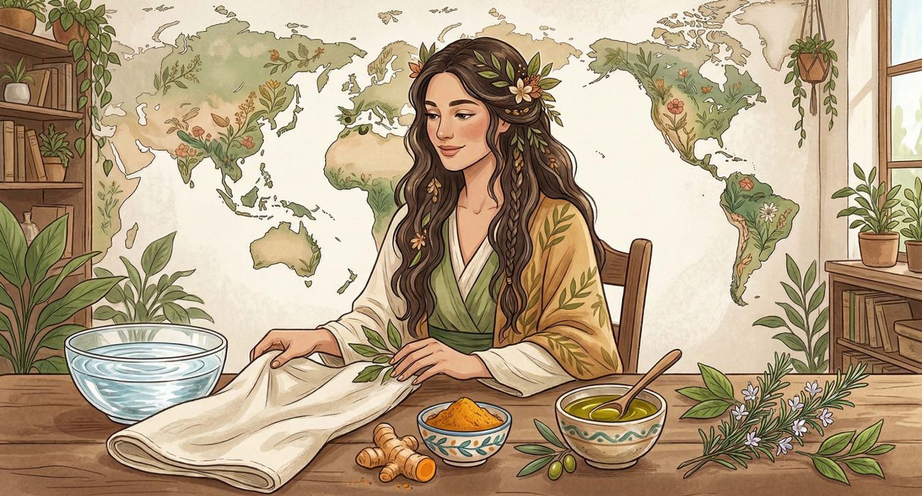 世界のウェルネス要素のミニマリストなフラットレイ：ターメリック、オリーブオイル、ハーブ、透明な水が親密な衛生伝統を象徴しています。