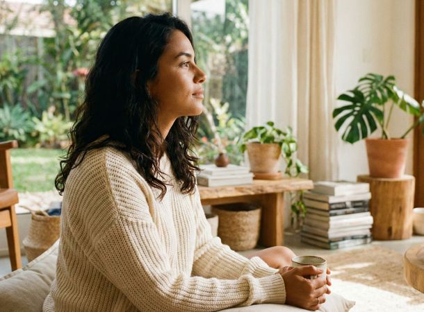 Uma mulher praticando respiração consciente em um ambiente claro e tranquilo para reduzir o estresse.