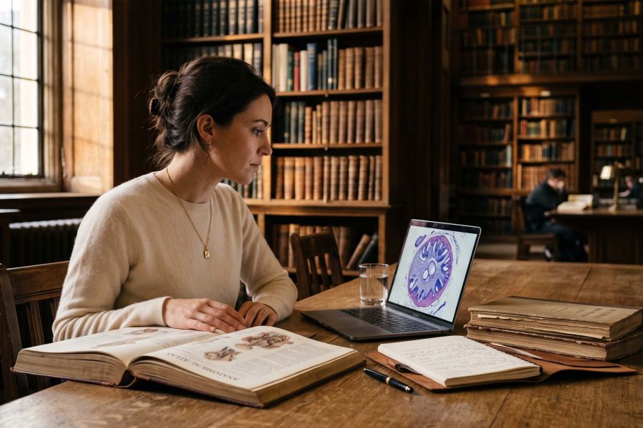 Woman researching the 2023 clitoral nerve count study in a medical library, with an anatomical atlas and stained nerve tissue on screen