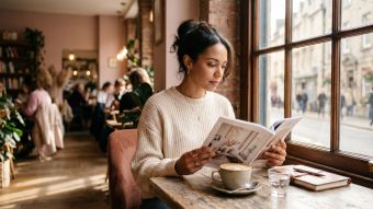 Woman sitting thoughtfully at a café window reading a magazine, soft natural light, contemplative expression, warm tones