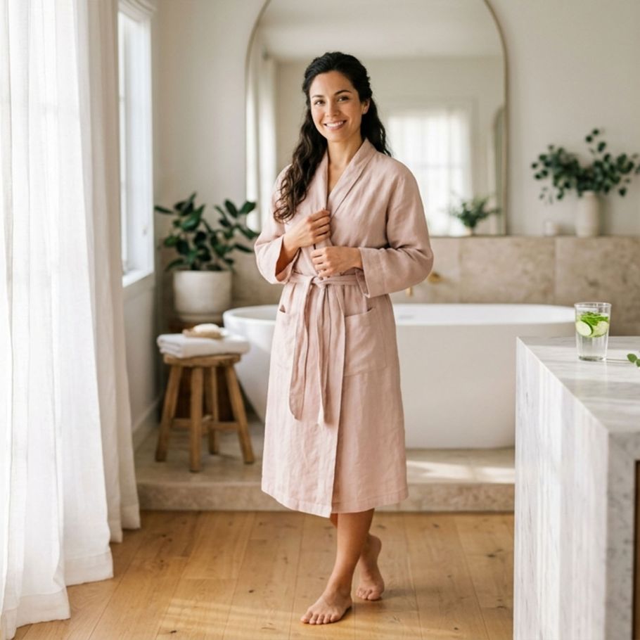 Mujer serena con una bata color rosa suave bajo una luz brillante de la mañana, representando el equilibrio natural del pH vaginal y el bienestar íntimo cotidiano