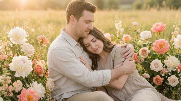 A woman feeling secure and cherished in a traditional relationship setting.