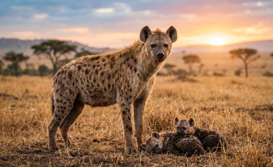 Female spotted hyena standing over her cubs at dawn on the African   savannah, exuding authority and alertness