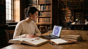 Woman researching the 2023 clitoral nerve count study in a medical library, with an anatomical atlas and stained nerve tissue on screen