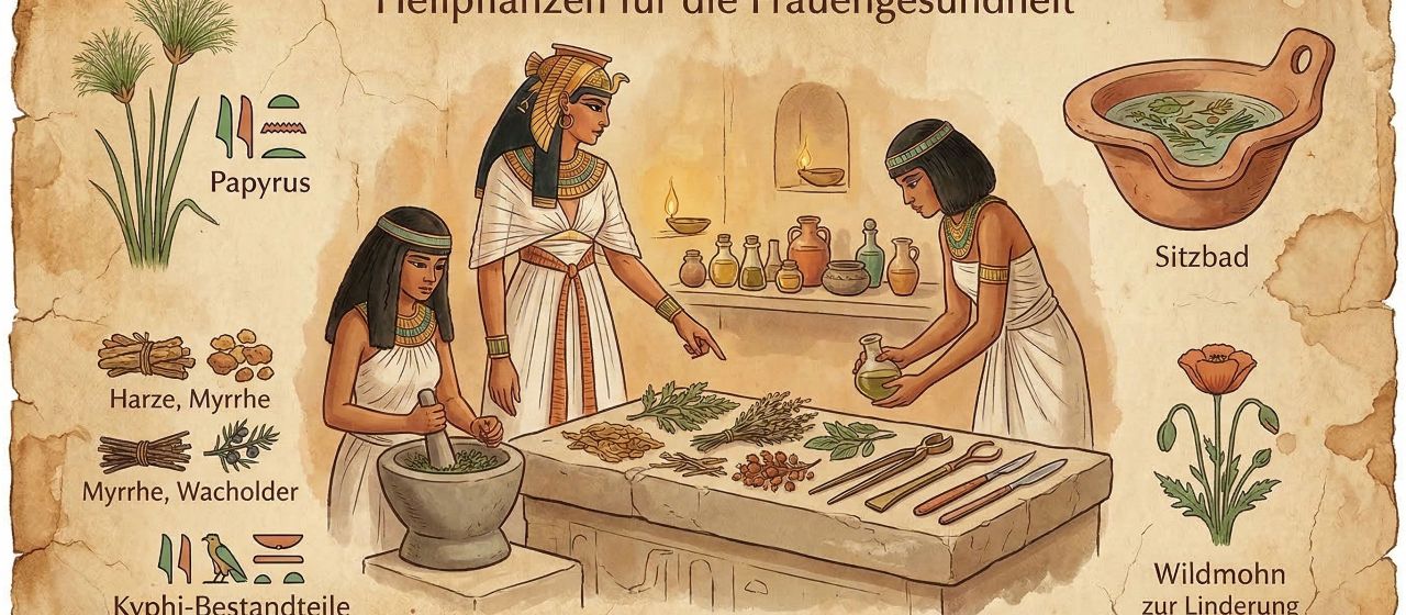 Dried herbs, parchment, and clay vessels representing ancient botanical remedies used in women's health across history